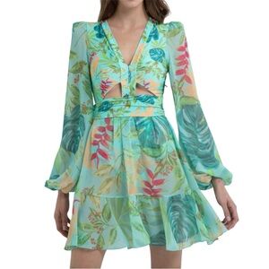 PatBO Tropicalia Palm Long-Sleeve Minidress Swimwear S